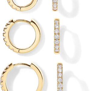 18K Gold Plated 925 Sterling Silver Post, 3 Pairs Small Gold Hoop Earrings Set |